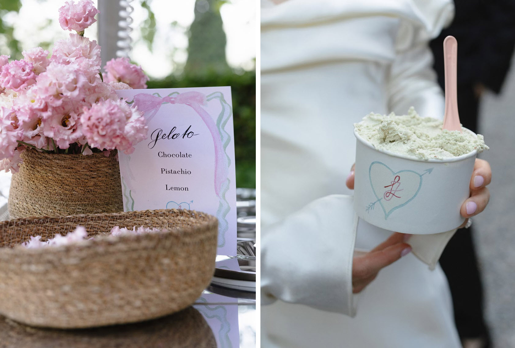 Sommerhochzeit Ideen 2026 mit stilvoller Gelato-Bar, rosa Blumenarrangement und serviertem Pistazien-Eis bei einer modernen Outdoor-Hochzeit