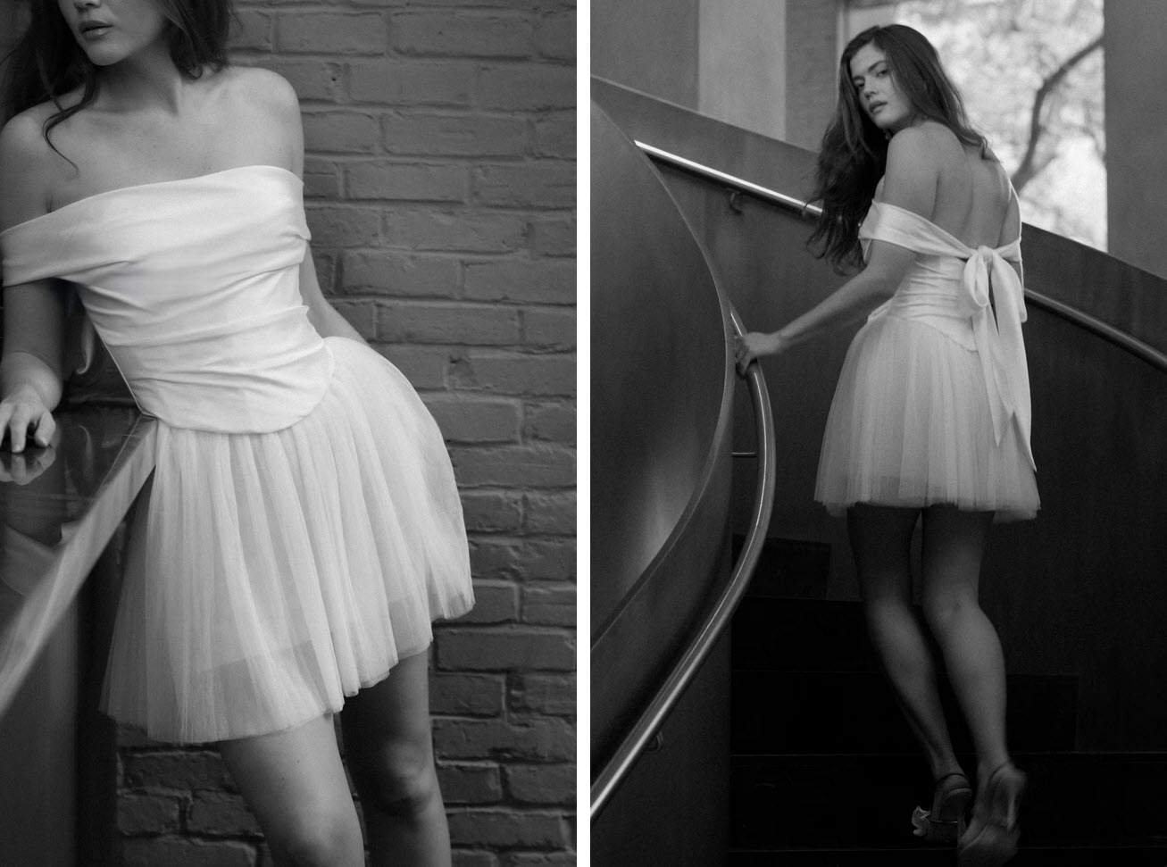Kurzes Brautkleid mit Corsage, Tüllrock und Schleifendetail am Rücken als moderner Bridal Mini Look.