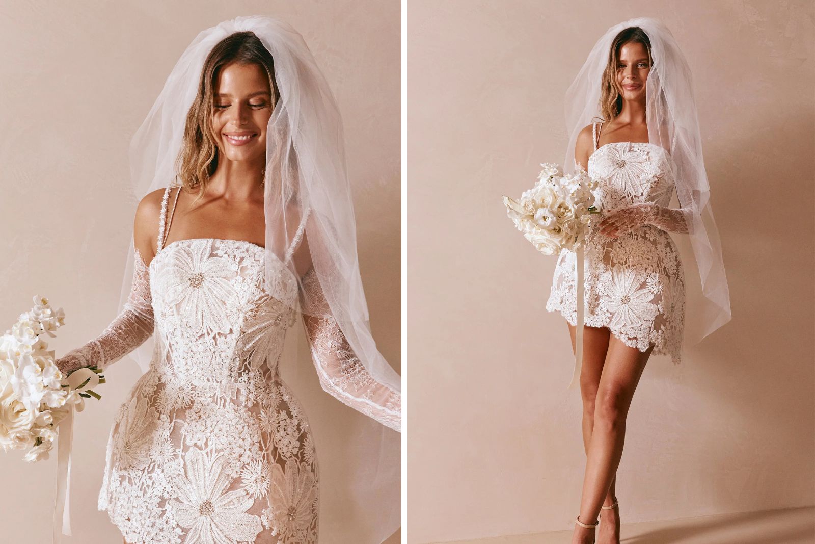 Kurzes Brautkleid aus floraler Spitze mit langem Schleier, Brautstrauß und romantischem Fashion-Charakter.