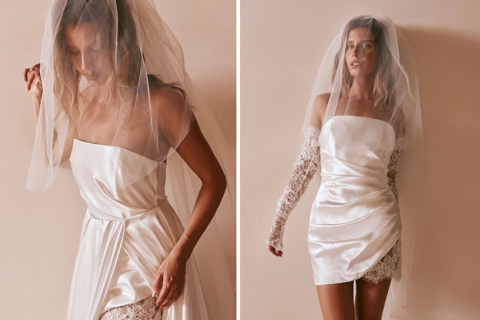 Braut in kurzem weißen Satinkleid mit langem Schleier und zarten Spitzendetails als moderner Bridal Look.