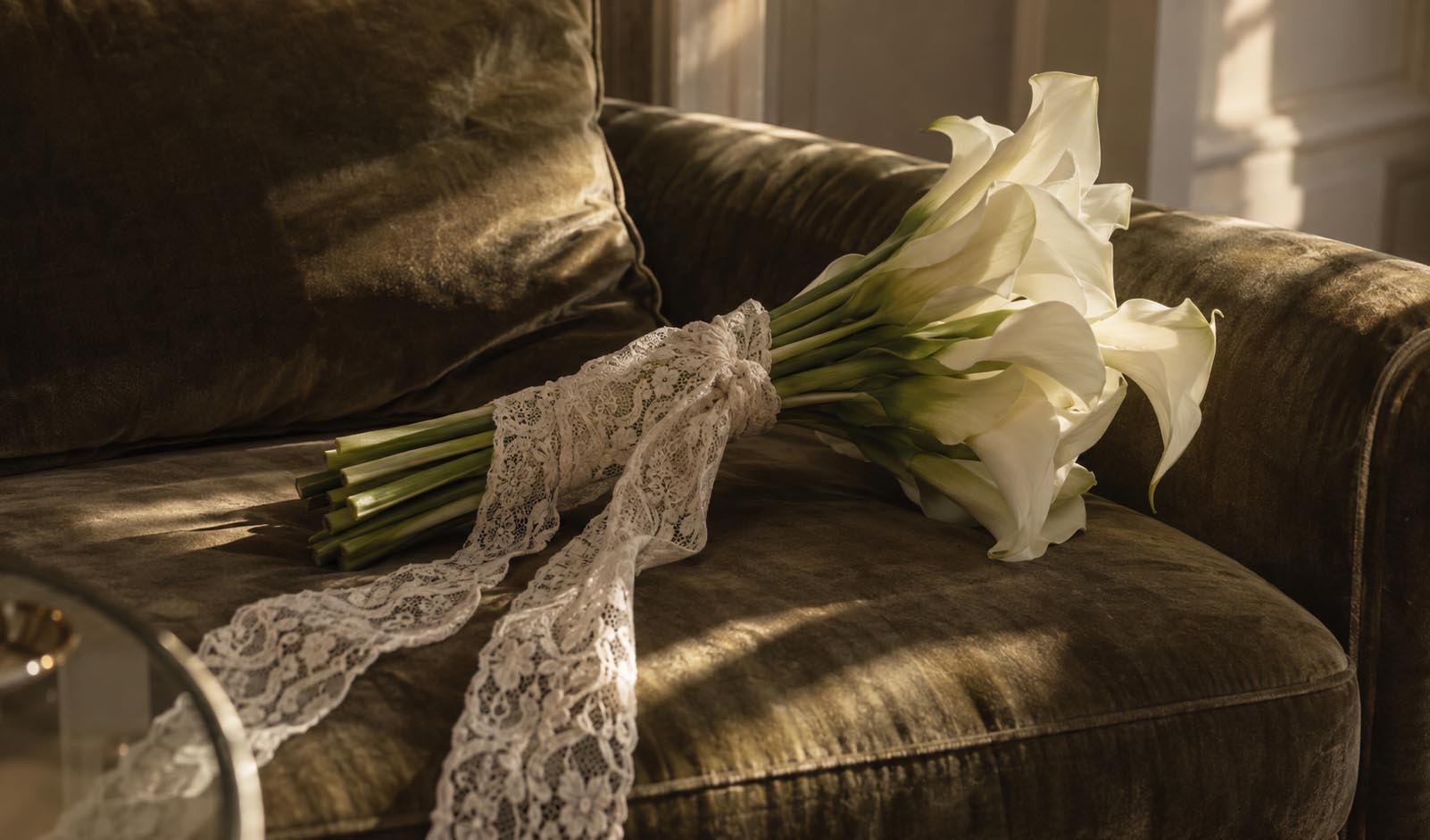 Schlanker Calla-Brautstrauß mit weißem Spitzenband als Hochzeitstrend 2027