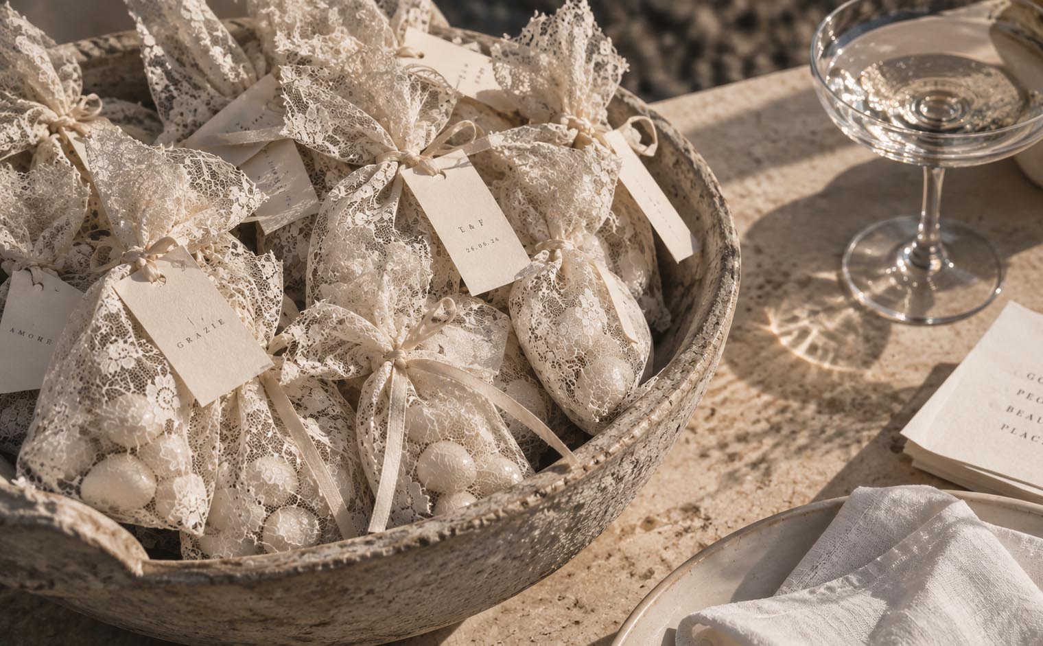 Gastgeschenke zur Hochzeit in weißen Spitzenbeuteln mit Mandeln – moderne Hochzeitsidee 2027