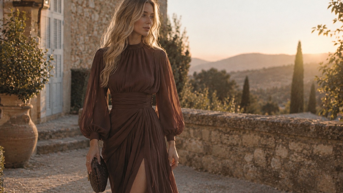 Kleid für Hochzeitsgäste im Herbst 2026 in warmem Braun im goldenen Herbstlicht