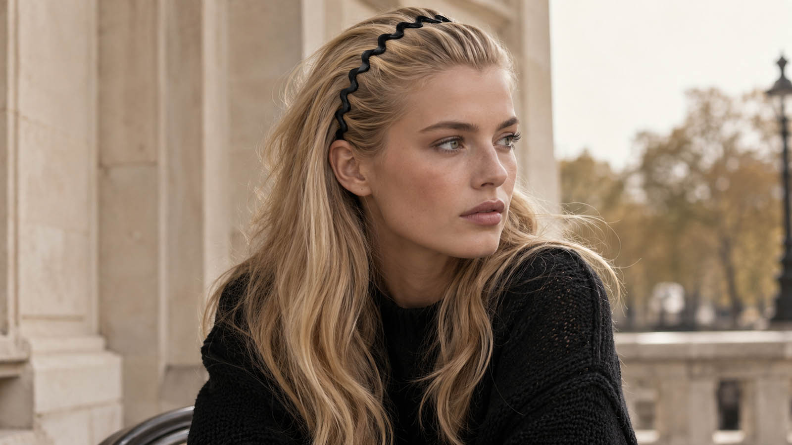 Blondes Model mit schwarzem Zickzack-Haarreifen – Haarschmuck-Trend 2026